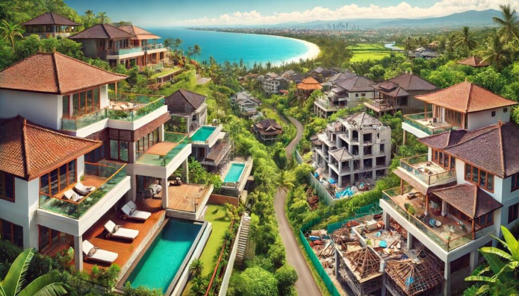 A scenic view of Bali featuring a mix of luxury villas and natural landscapes. Some villas appear luxurious, while others look unfinished or neglected, highlighting the issue of illegal constructions. The image includes lush greenery, a beautiful coastline, and cultural elements of Bali under a clear blue sky.