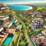 A scenic view of Bali featuring a mix of luxury villas and natural landscapes. Some villas appear luxurious, while others look unfinished or neglected, highlighting the issue of illegal constructions. The image includes lush greenery, a beautiful coastline, and cultural elements of Bali under a clear blue sky.
