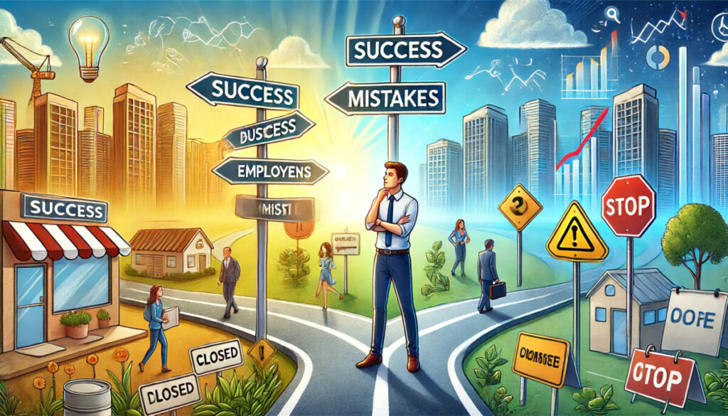 A young entrepreneur stands at a crossroads. One path leads to success, depicted by thriving businesses and growth charts, while the other path leads to mistakes, shown by closed signs and declining charts. The background features cityscapes and office settings, with bright, contrasting colors highlighting the choices and consequences under a clear, hopeful sky.