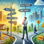 A young entrepreneur stands at a crossroads. One path leads to success, depicted by thriving businesses and growth charts, while the other path leads to mistakes, shown by closed signs and declining charts. The background features cityscapes and office settings, with bright, contrasting colors highlighting the choices and consequences under a clear, hopeful sky.